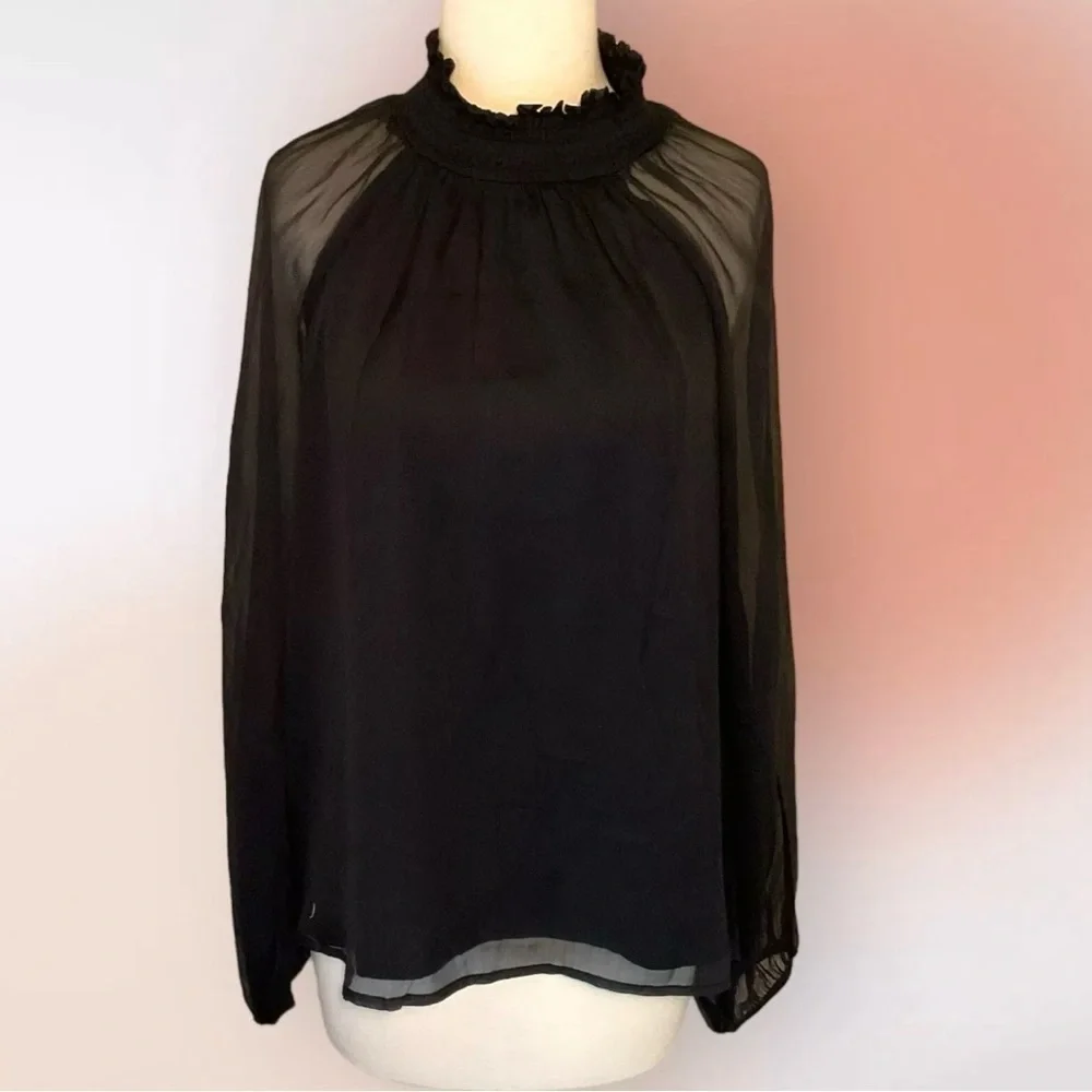 NWT Joie Limited Edition Semi Sheer Black Long Sleeve Smocked Top Womens Sz XL